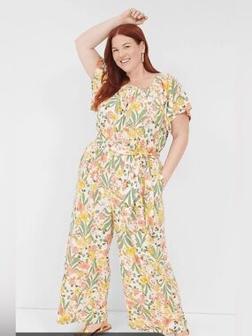 Lane Bryant Women’s Linen Blend White w/Pastel Floral Sz 16 Jumpsuit.       3727